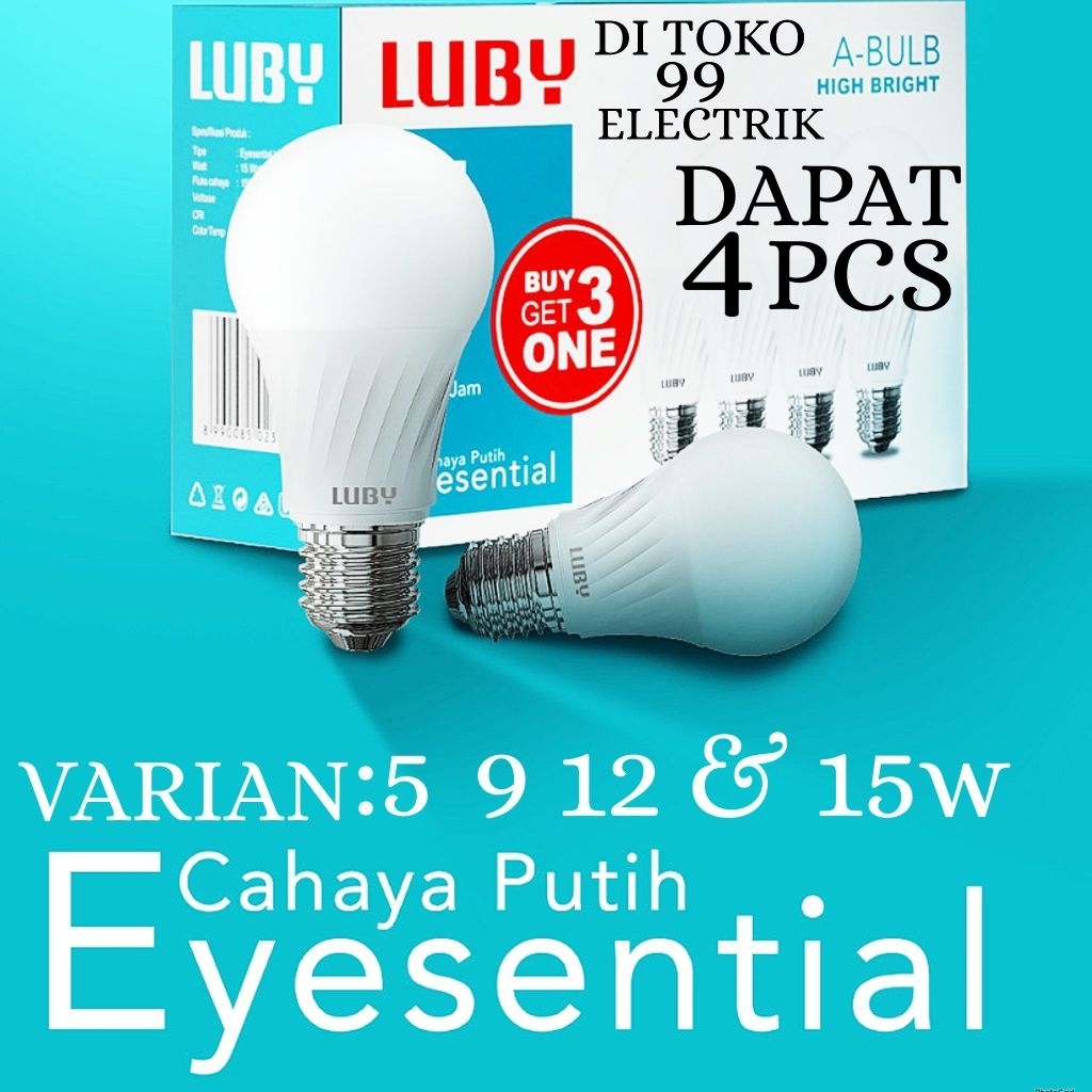 Luby Lampu LED Bulb Pack Eyesential 3 Gratis 1 Variasi 5W 9W 12W dan 15W Cahaya Putih Hemat Energi