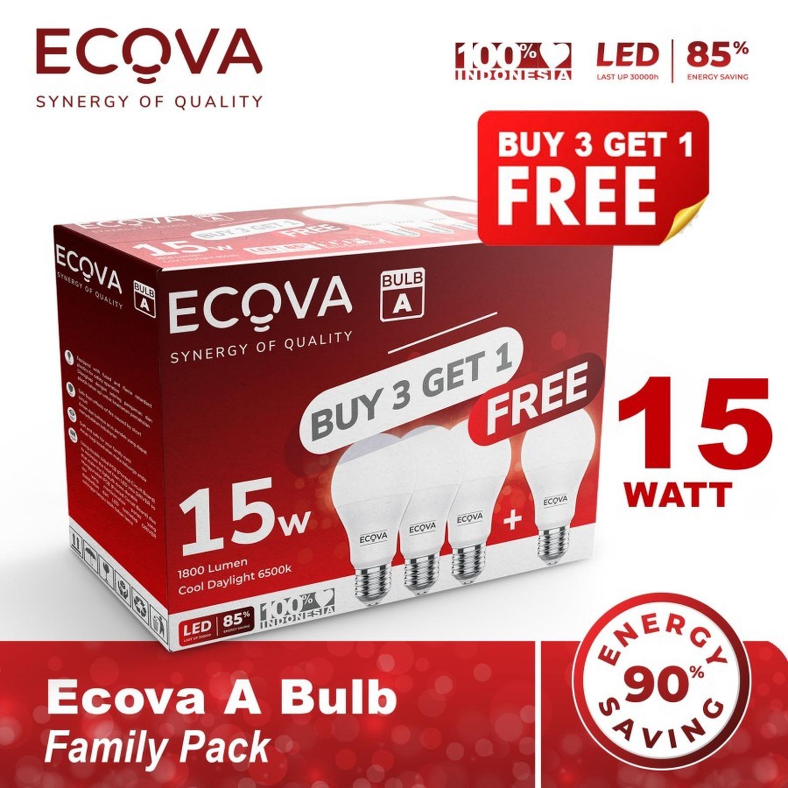Ecova Buy 3 Get 1 Free Family Pack Lampu Led Ecova A Bulb 6500k Terang Hemat 15 Watt