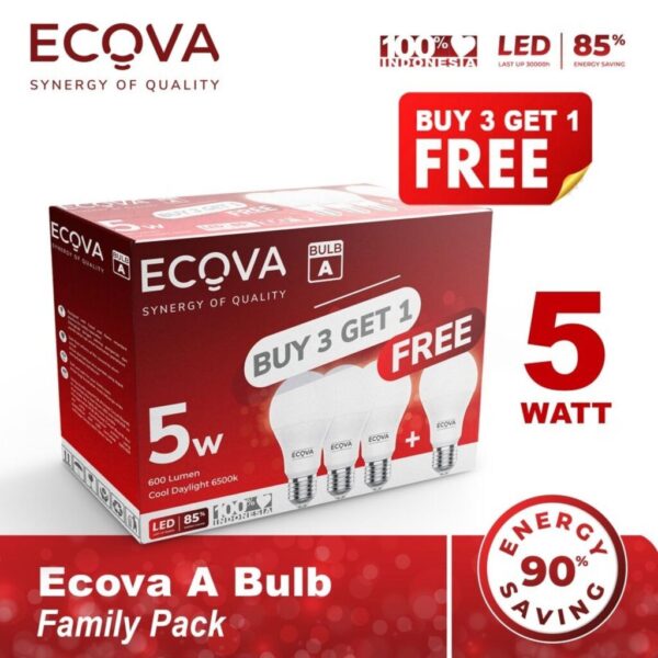 Ecova Buy 3 Get 1 Free Family Pack Lampu Led Ecova A Bulb 6500k Terang Hemat 5 Watt