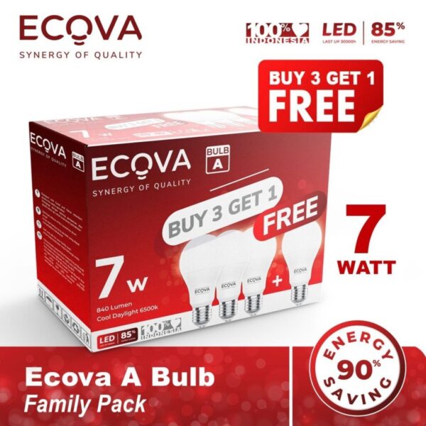 Ecova Buy 3 Get 1 Free Family Pack Lampu Led Ecova A Bulb 6500k Terang Hemat 7 Watt