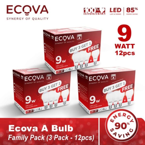 Ecova Lampu Led A Bulb Paket 3 Pack Isi 12pcs Cool Daylight 6500k 9 Watt