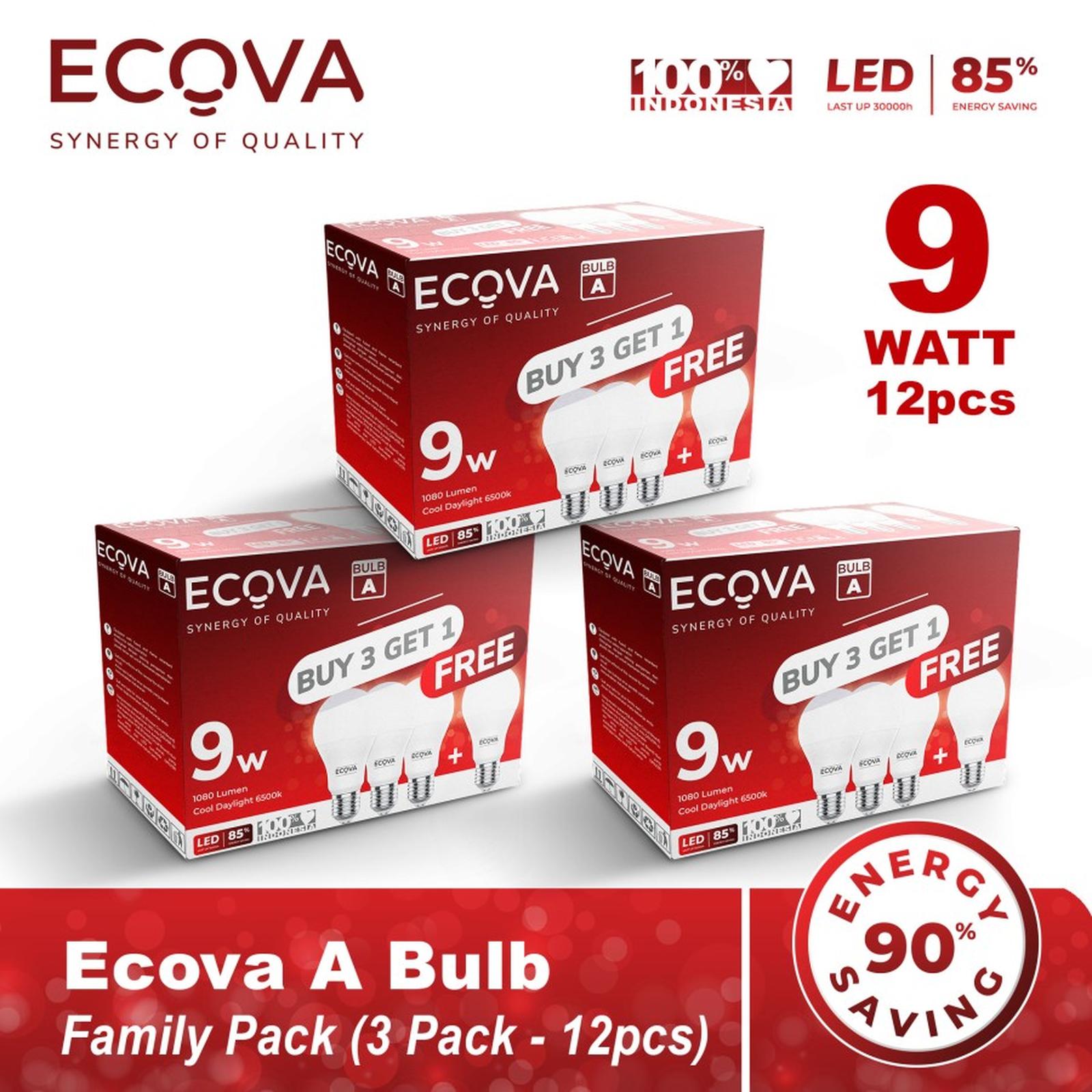 Ecova Lampu Led A Bulb Paket 3 Pack Isi 12pcs Cool Daylight 6500k 9 Watt