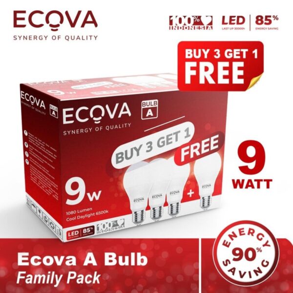 Ecova Buy 3 Get 1 Free Family Pack Lampu Led Ecova A Bulb 6500k Terang Hemat 9 Watt