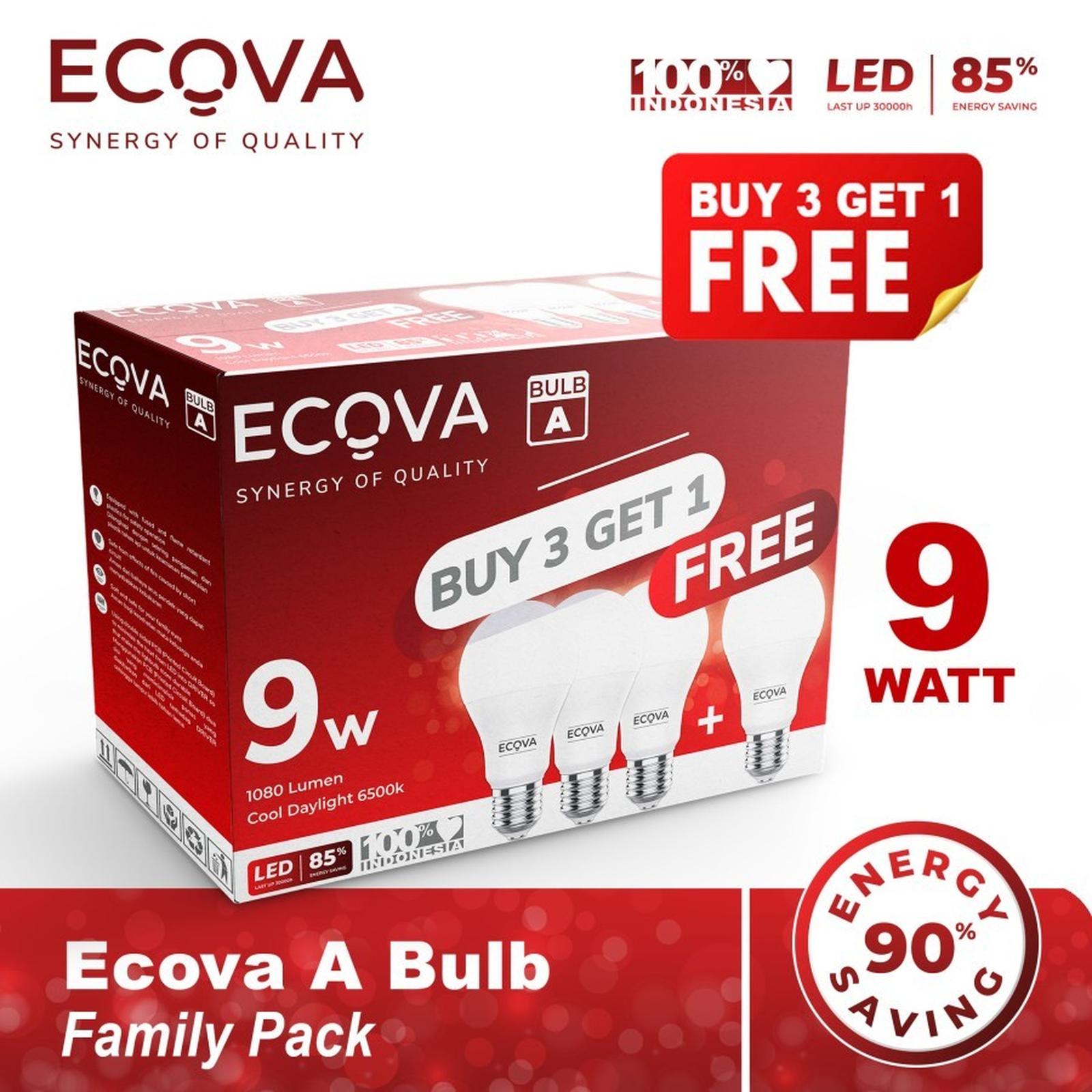 Ecova Buy 3 Get 1 Free Family Pack Lampu Led Ecova A Bulb 6500k Terang Hemat 9 Watt