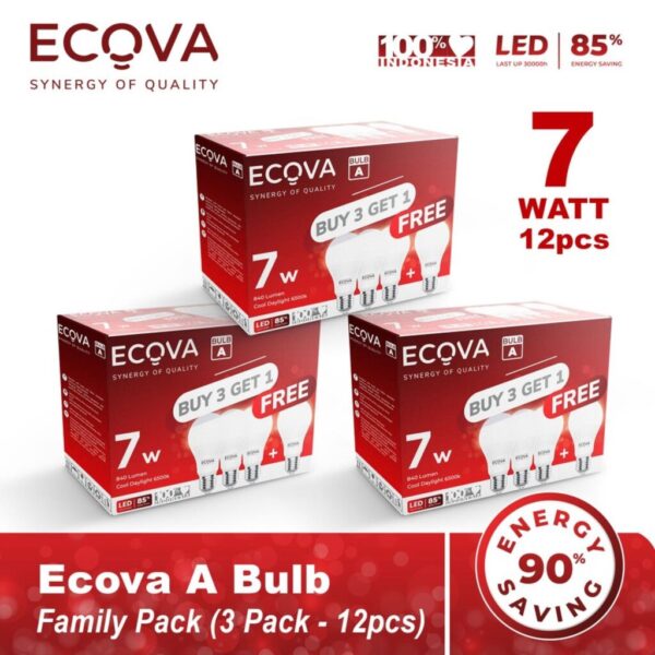 Ecova Lampu Led A Bulb Paket 3 Pack Isi 12pcs Cool Daylight 6500k 7 Watt
