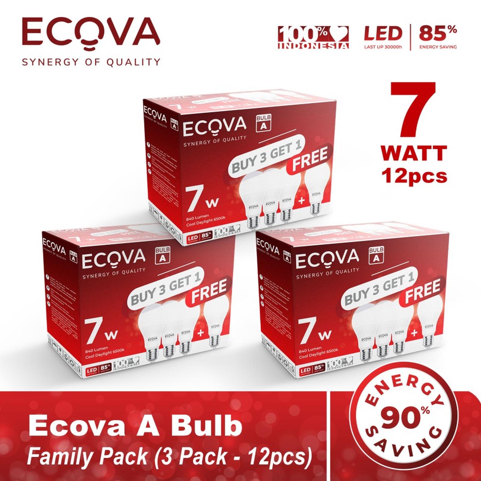 Ecova Lampu Led A Bulb Paket 3 Pack Isi 12pcs Cool Daylight 6500k 7 Watt