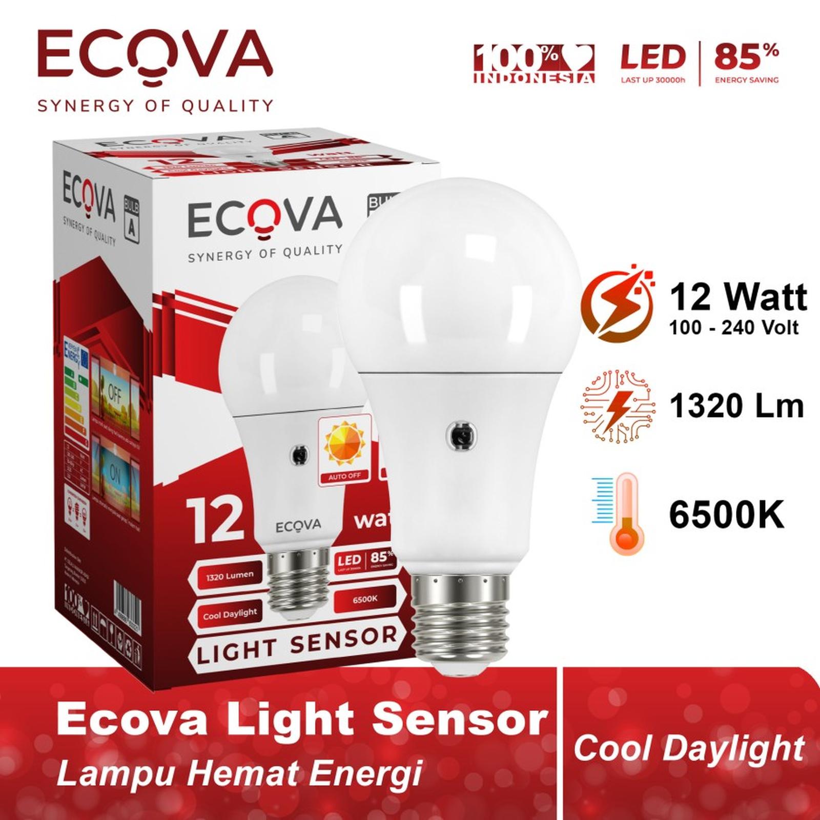 Ecova Lampu Led Bulb Sensor Otomatis Cool Daylight 6500k Terang Hemat 12 Watt